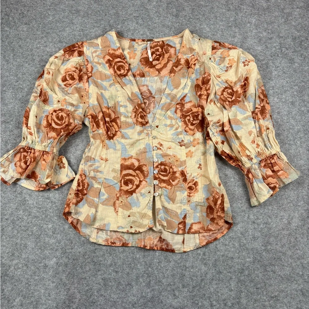 Free People I Found You Printed Top Boho Floral Puff Sleeve Blouse Cream size xs